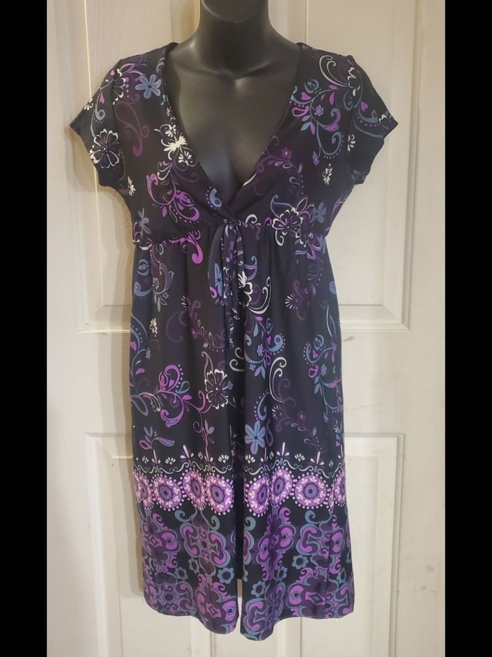 Black Floral Midi Dress with Purple Accents
